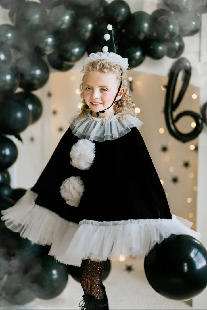 Teen Halloween mime cape costume in black velvet with ivory ruffles