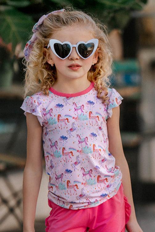 Magical Unicorns- Girls Ruffle Sleeve T-Shirt