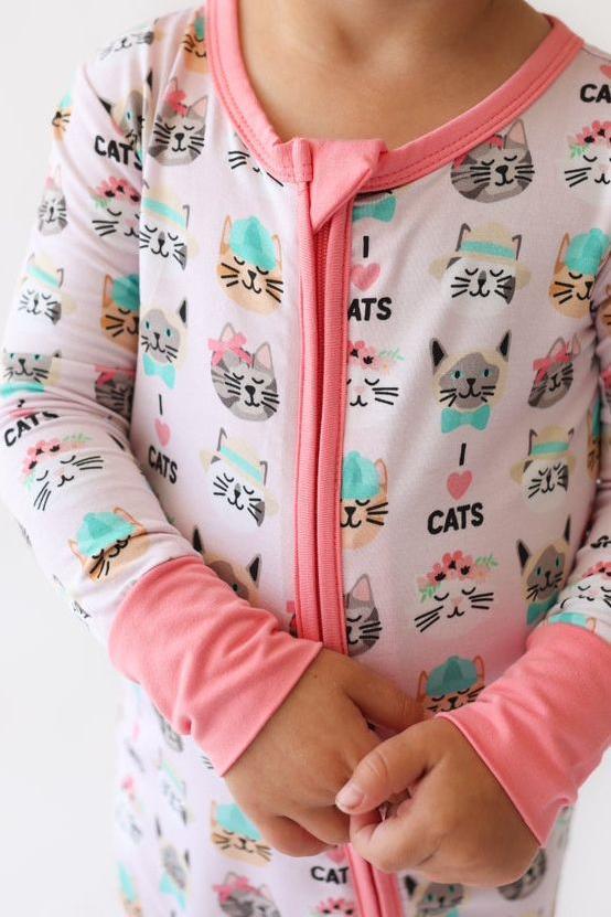 Bamboo Zipper Pajama Romper- I Love Cats