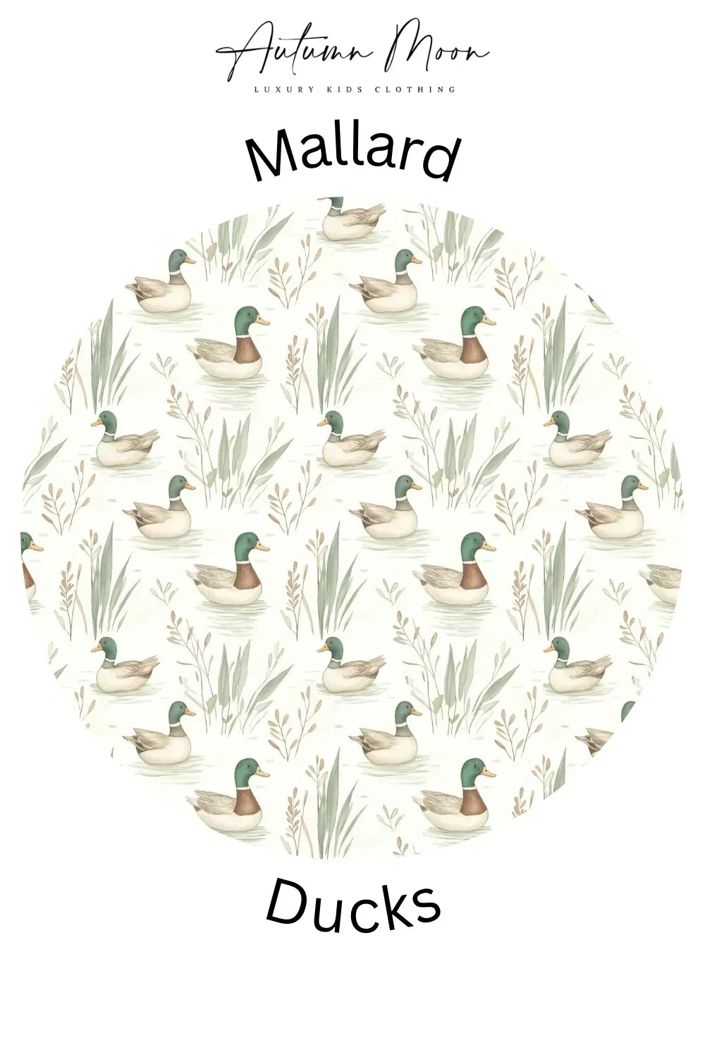 Close-up of mallard duck print on toddler bamboo zipper pajamas, featuring green ducks on a soft tan base.