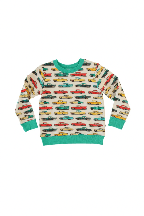 Flat lay of classic cars French terry lightweight kids sweatshirt in soft blue, featuring a vintage car print on eco-friendly fabric.
