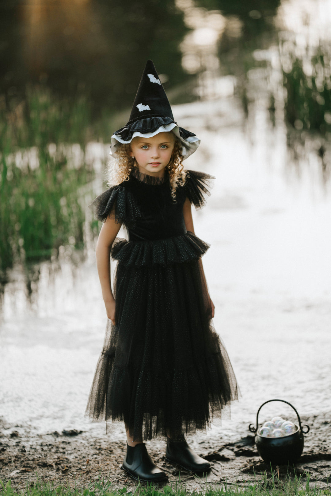 Girls witch costume dress  with velvet and glitter tulle skirt