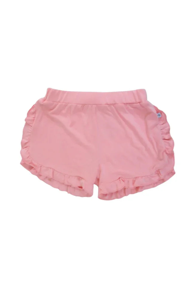 Girls rose-colored French terry shorts with ruffled edge trim and elastic waistband, soft and perfect for summer play.
