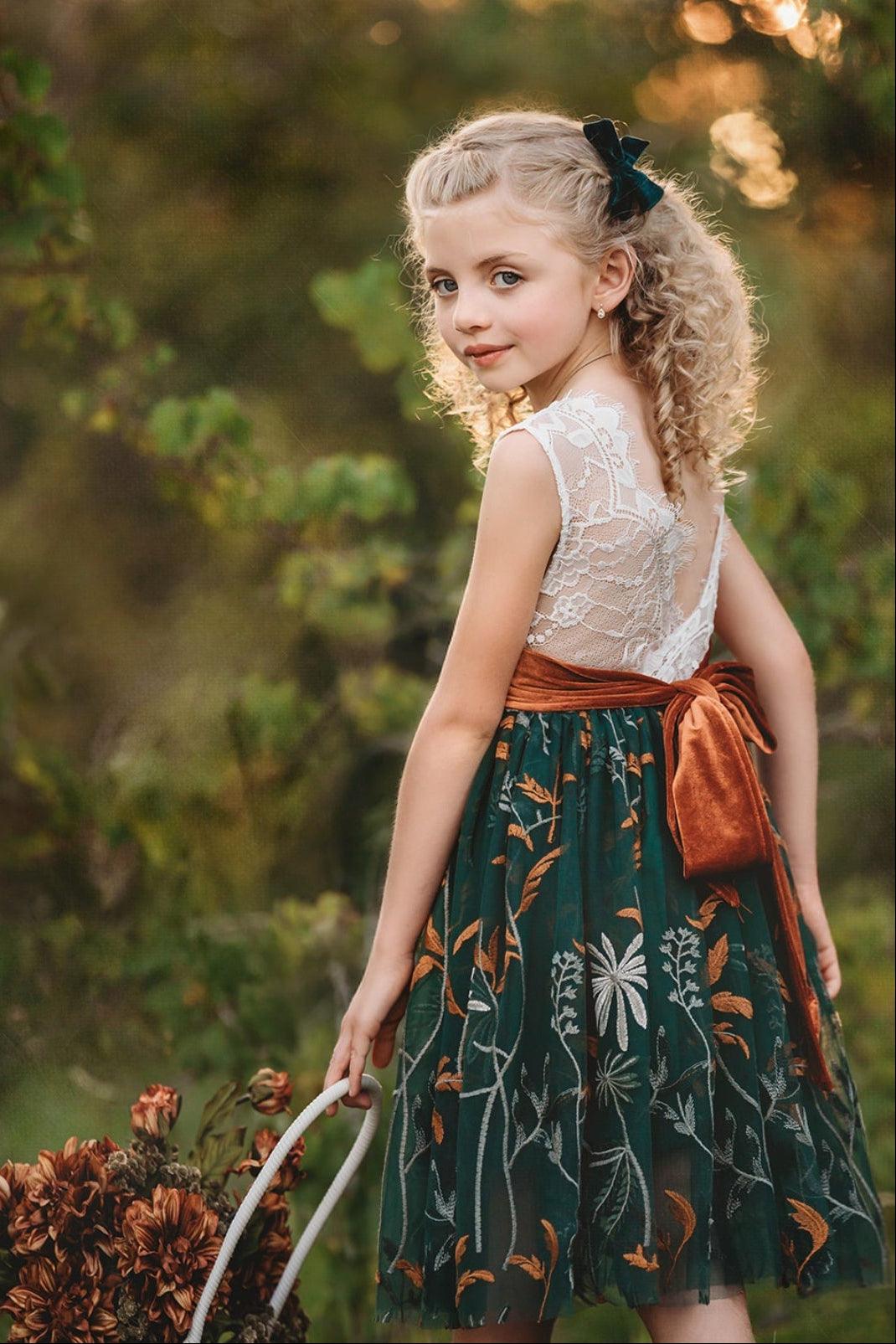 fall flower girl dress Maribel - Forest Green Weekly Deal-20260105 Perfect for wedding. Traditional Nigerian Dresses Nigerian Size:XLarge (14-16)