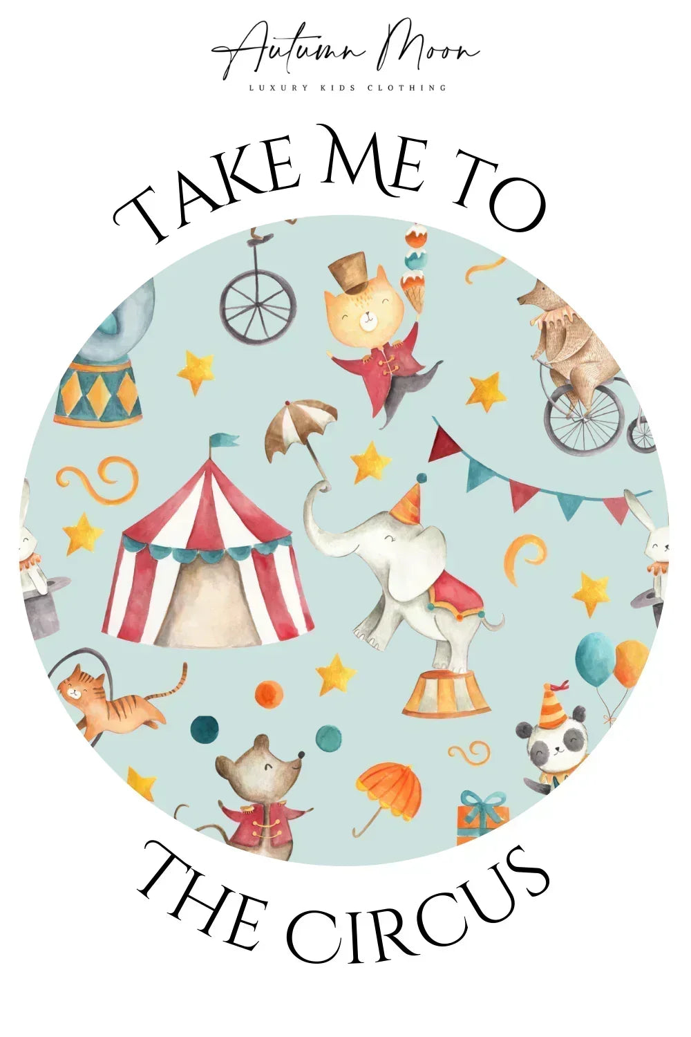 Close-up of circus-themed bamboo fabric featuring animals, tents, balloons, and banners on baby bodysuit.