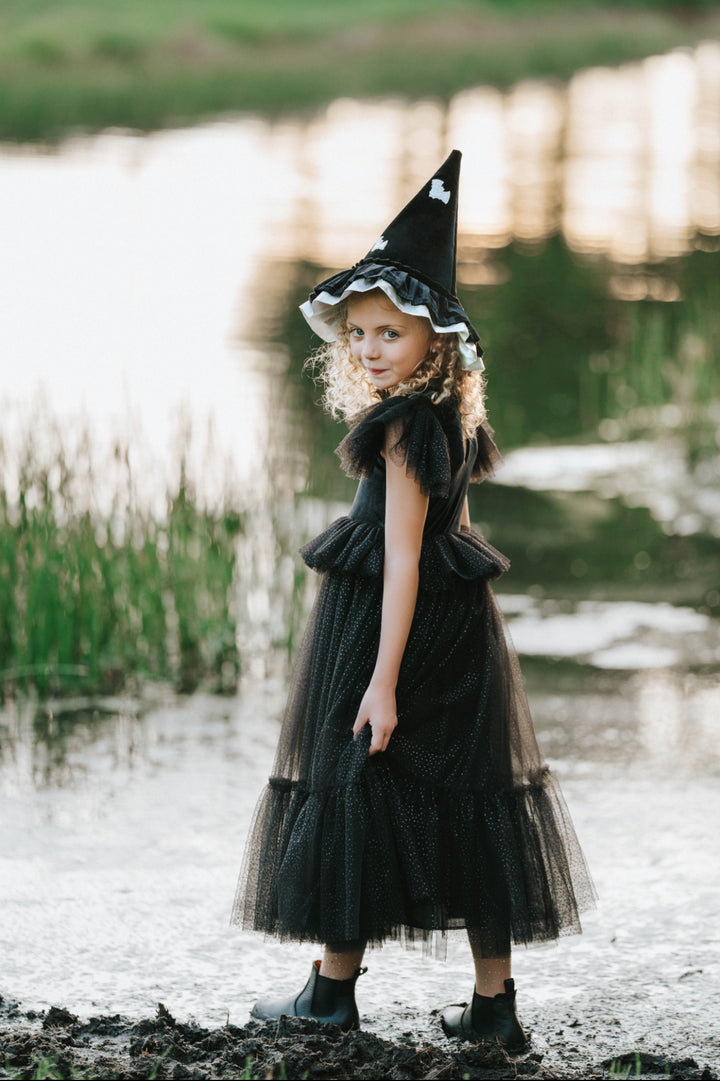 Twirl-friendly black Halloween witch dress for girls size 2–14
