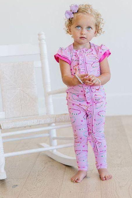 Pink Friendship Bracelets Bamboo Ruffled One-Piece Zipper Pajamas