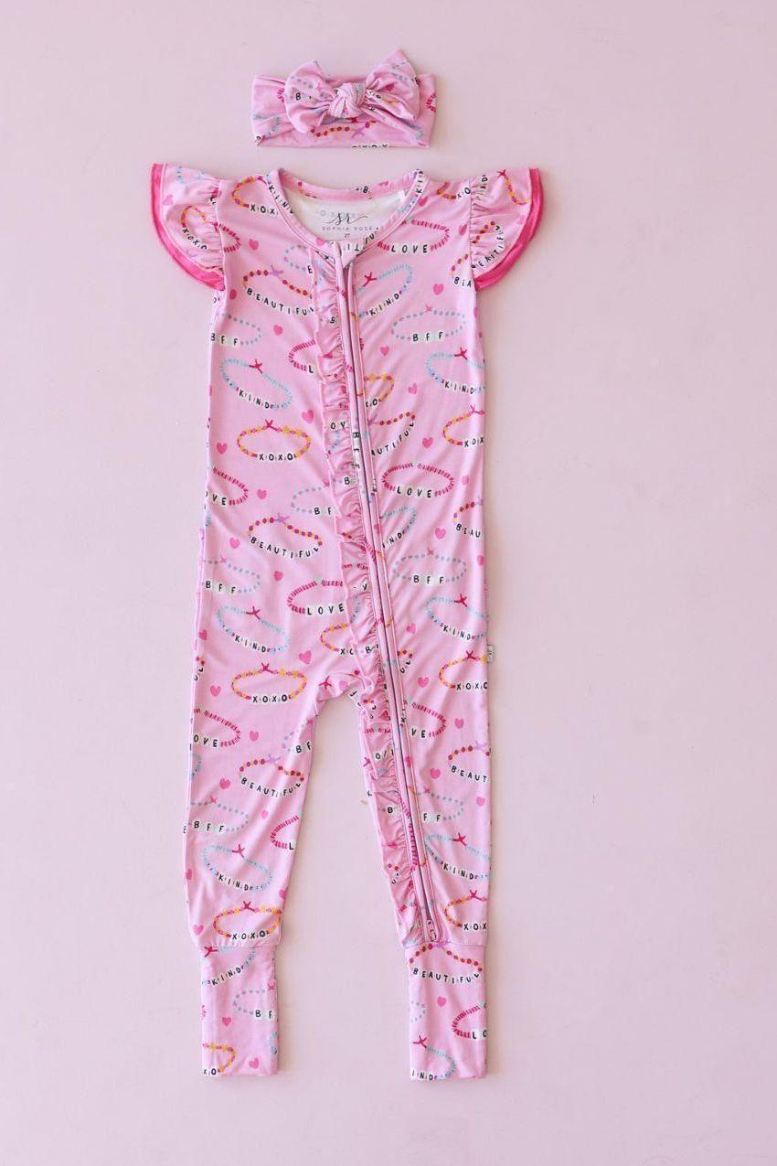 Pink Friendship Bracelets Bamboo Ruffled One-Piece Zipper Pajamas