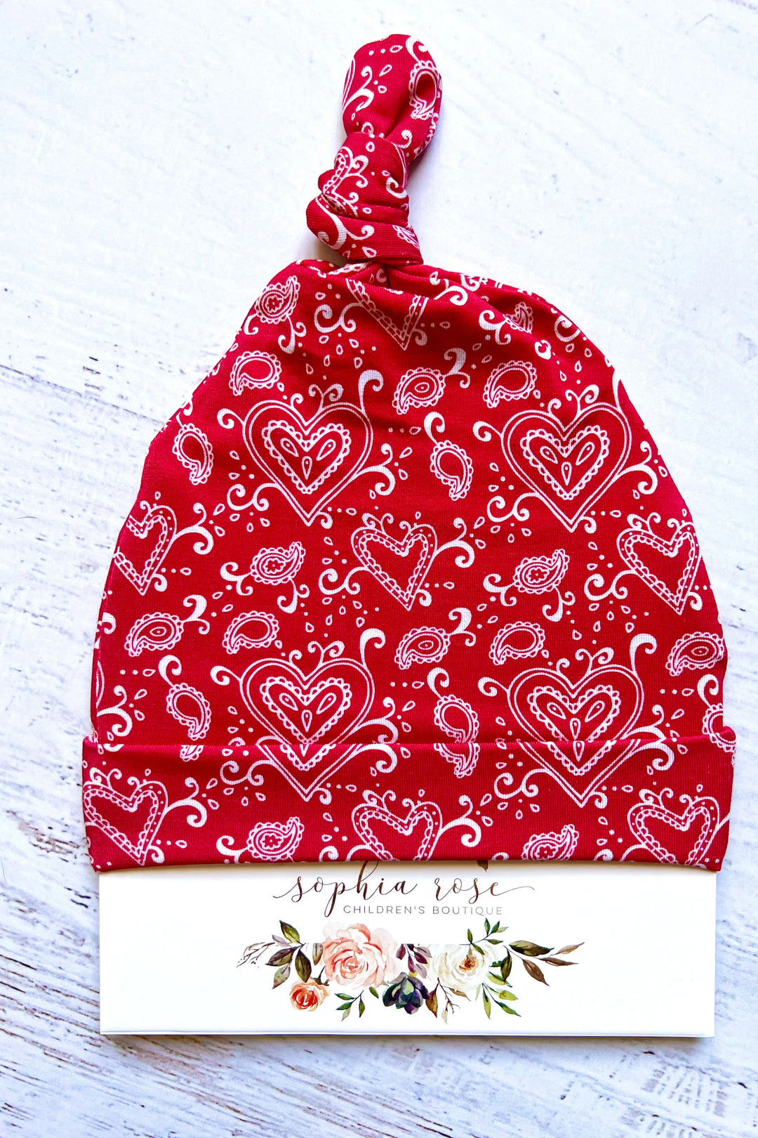 Red Paisley Hearts Newborn Beanie Hat