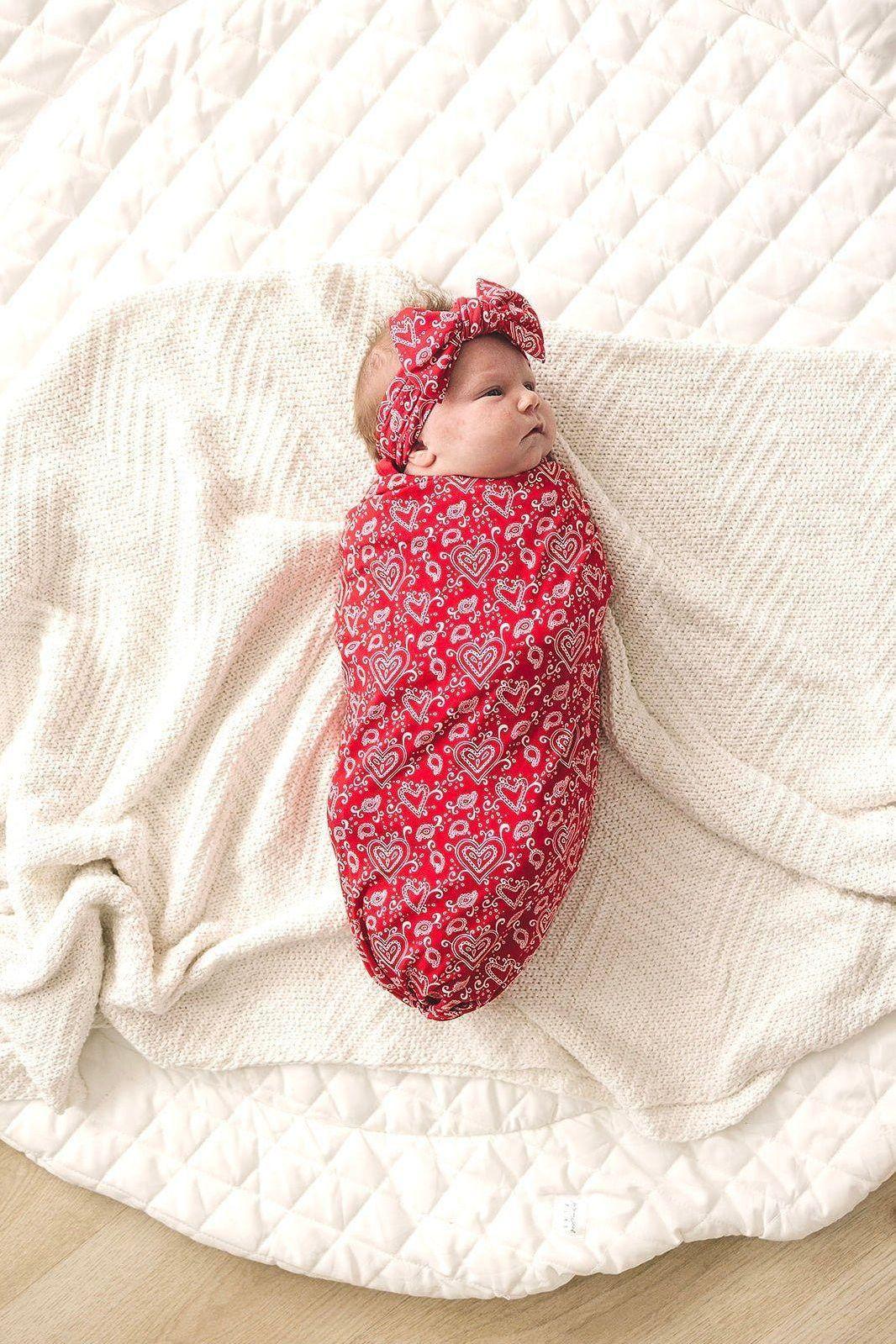 Red Paisley Hearts Newborn Bamboo Swaddle Blanket