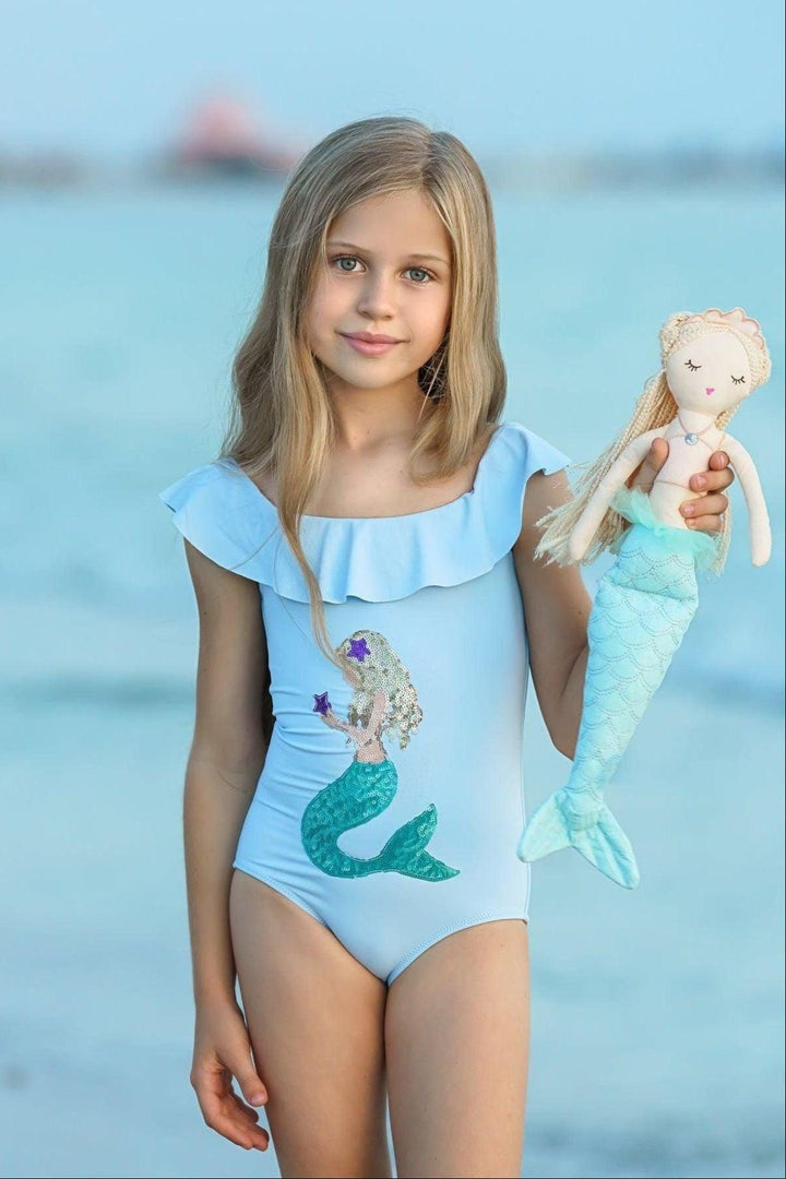 Stella Cove - Girls' One Piece Blue Swimsuit with Sequin Mermaid
