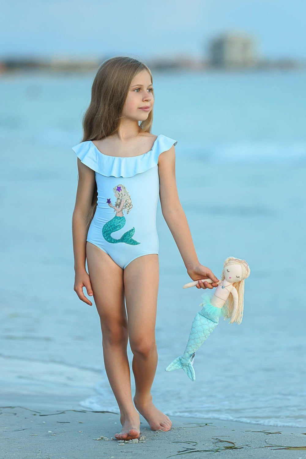 Stella Cove - Girls' One Piece Blue Swimsuit with Sequin Mermaid