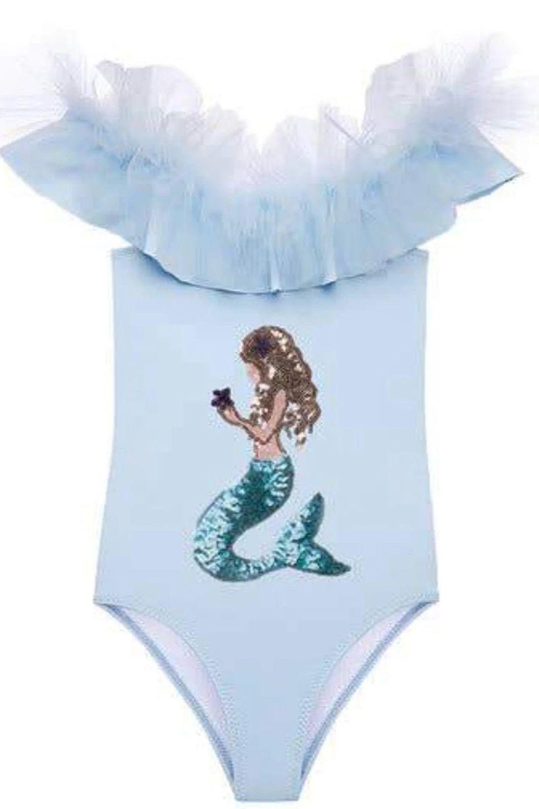 Stella Cove - Girls' One Piece Blue Swimsuit with Sequin Mermaid