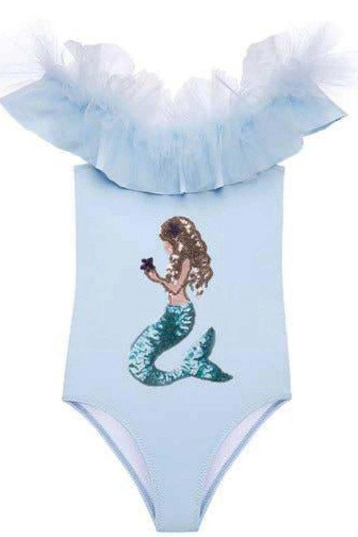 Stella Cove - Girls' One Piece Blue Swimsuit with Sequin Mermaid