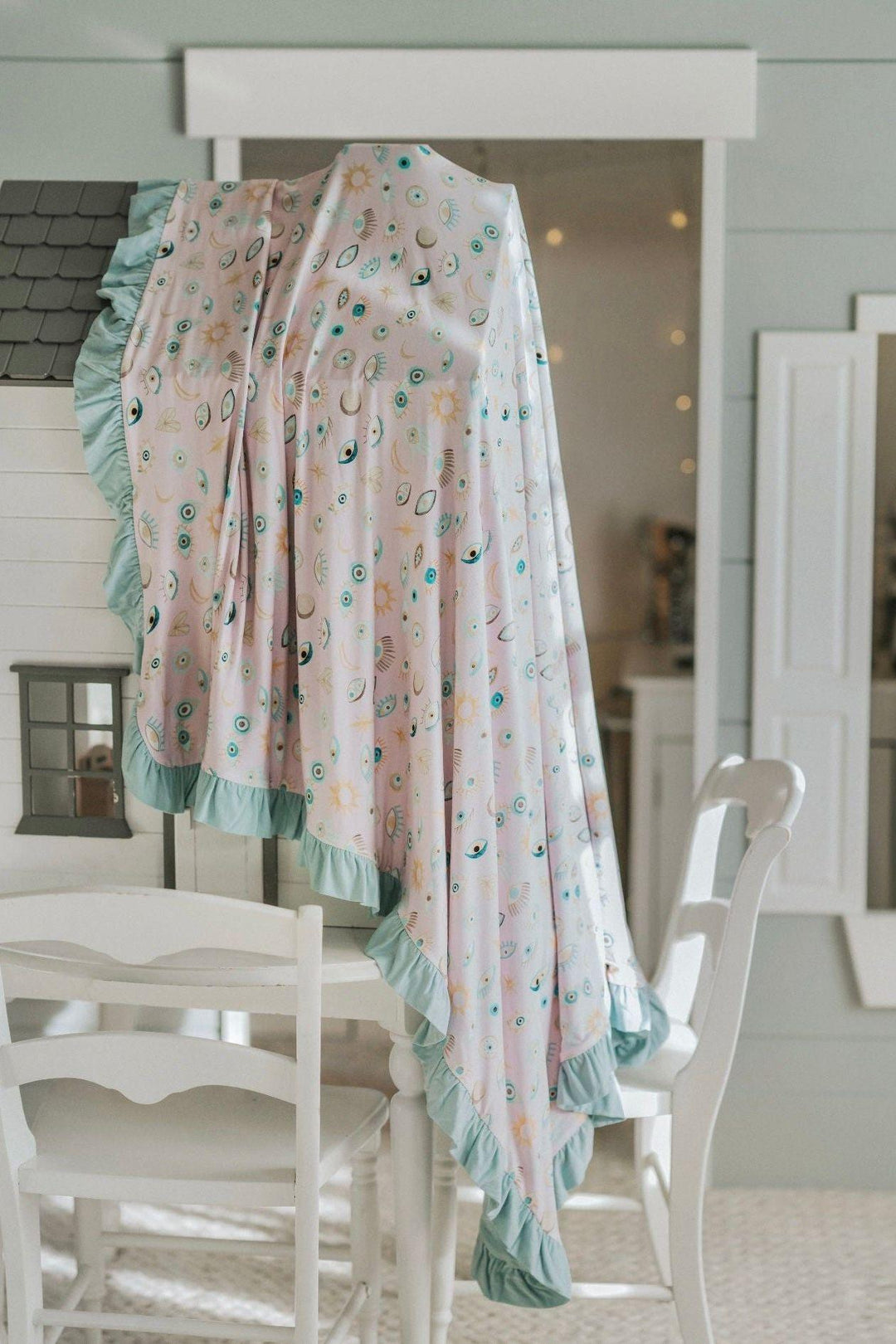 Pink Evil Eye Bamboo Ruffle Blanket