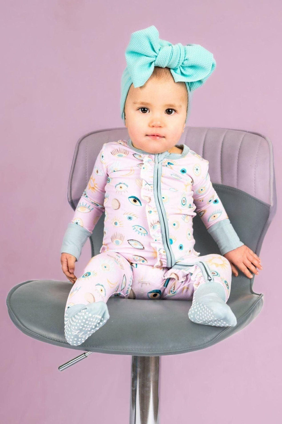 Pink Evil Eye Bamboo Ruffled One-Piece Zipper Pajamas