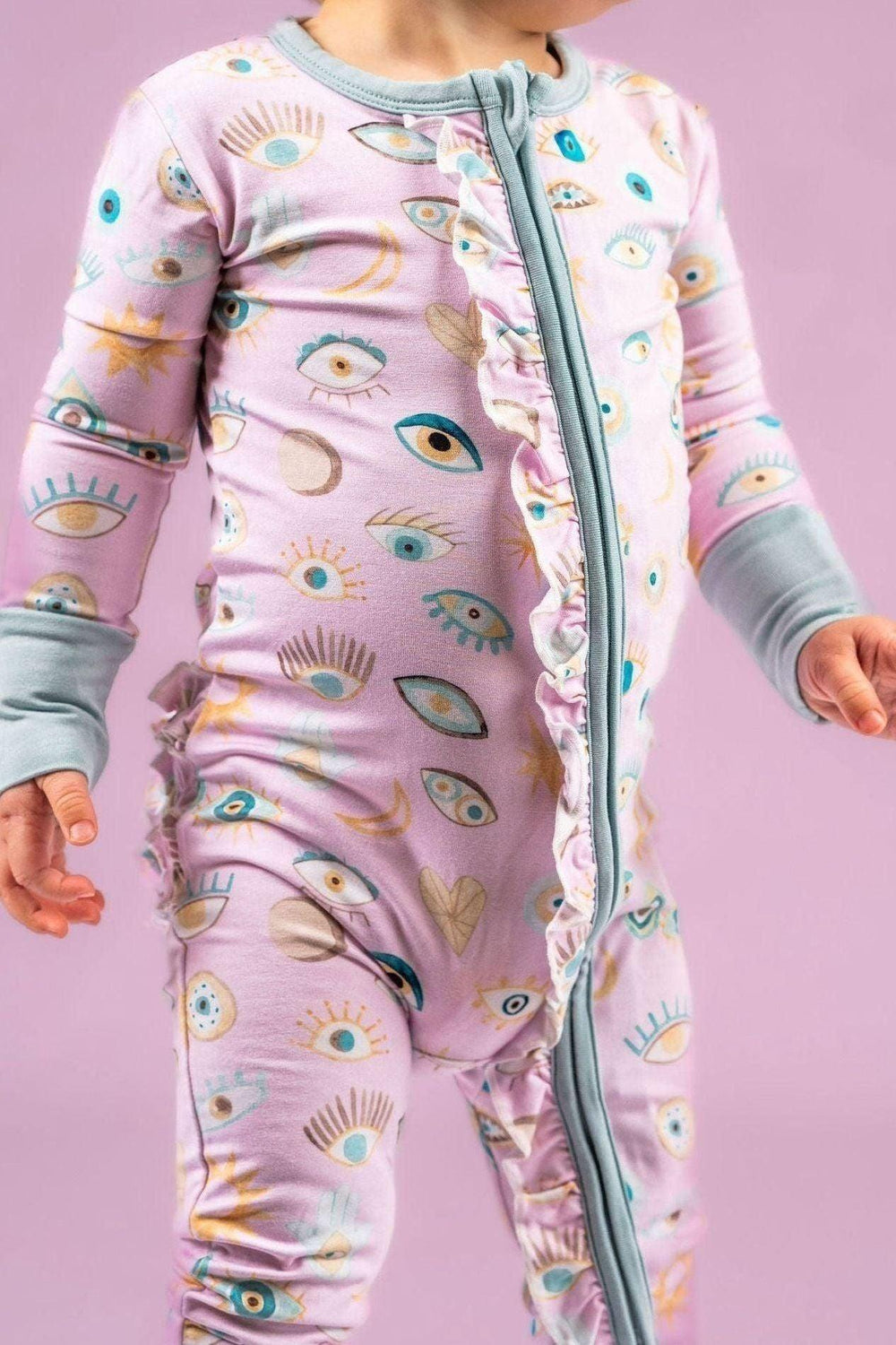 Pink Evil Eye Bamboo Ruffled One-Piece Zipper Pajamas