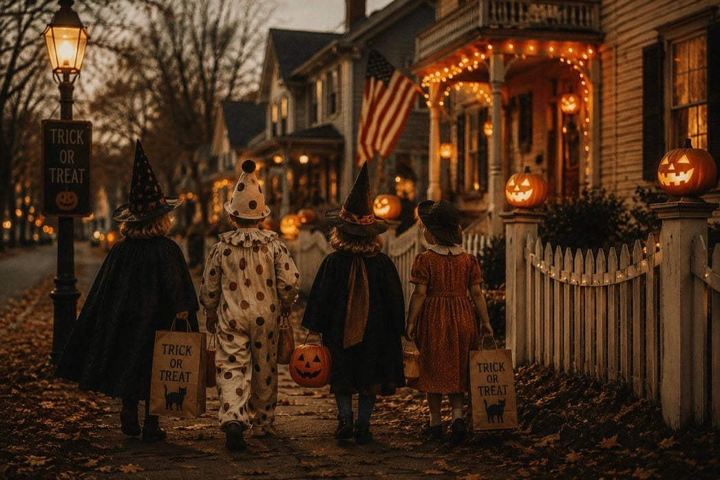 vintage photo of children trick or treating