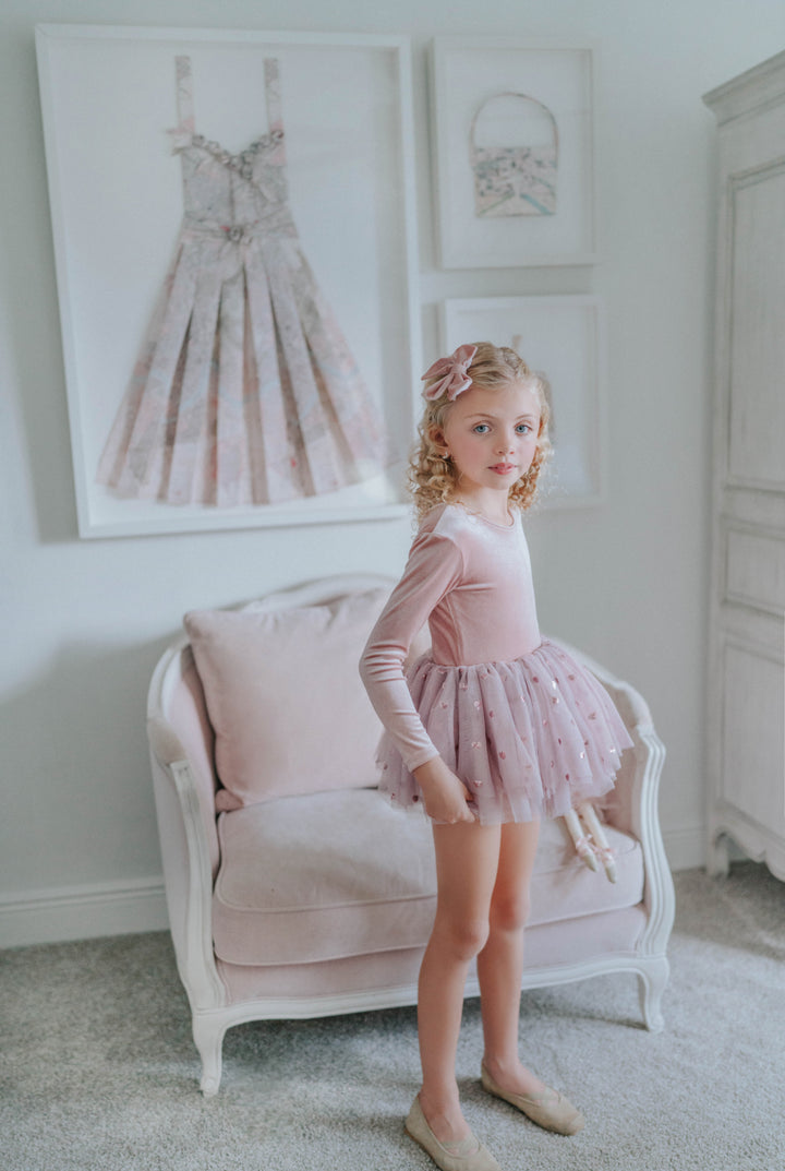 Girl standing in front of framed artwork wearing rosewood heart tulle tutu dress, soft and whimsical.