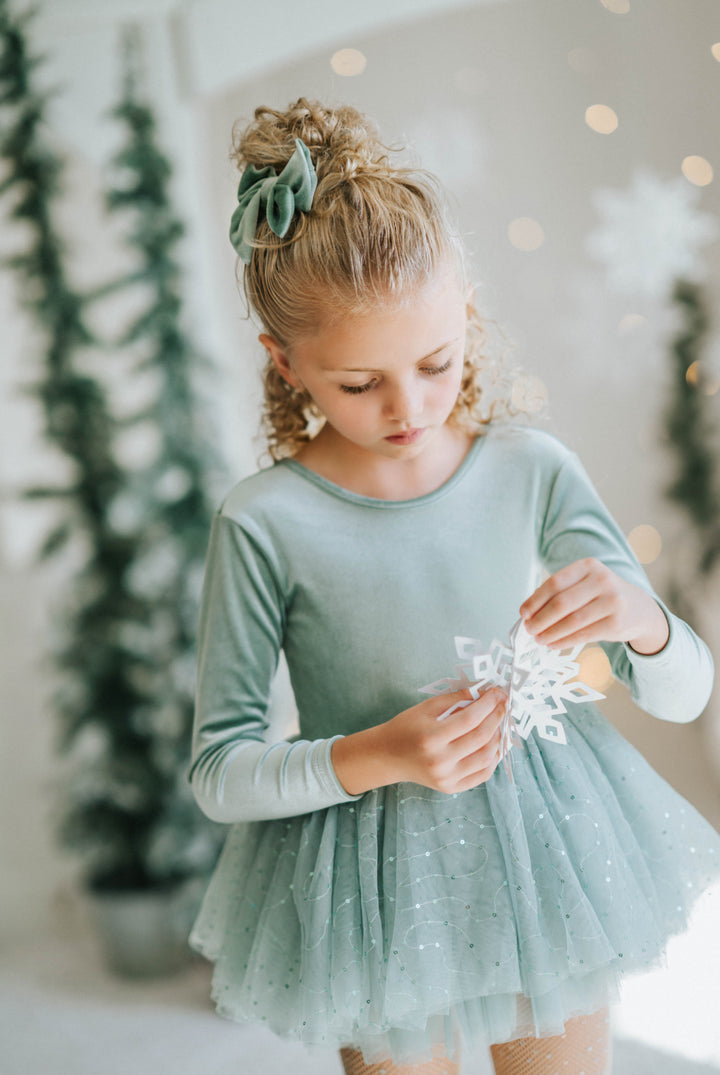 Portrait of girl wearing Willow tutu dress styled for winter holiday photos.