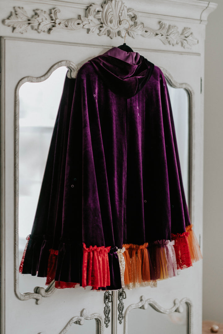 Purple velvet witch cape close-up – embroidered Halloween Sanderson sisters costume
