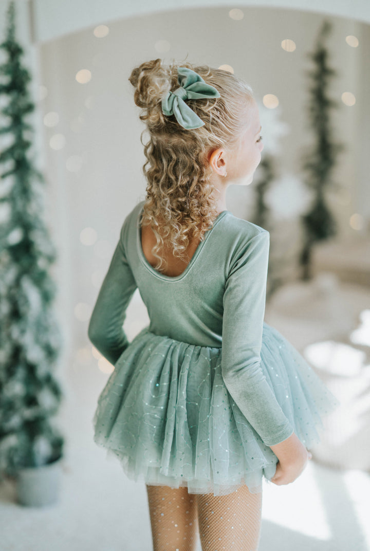 Back view of Willow tutu dress with scoop neckline and layered tulle skirt.