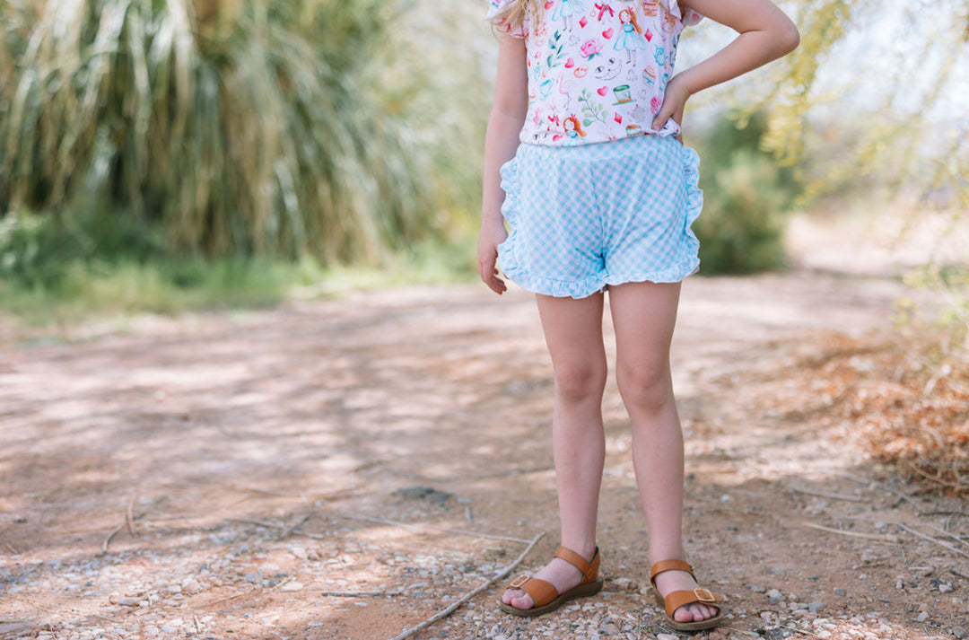 Blue Gingham - Girls Ruffle Shorts