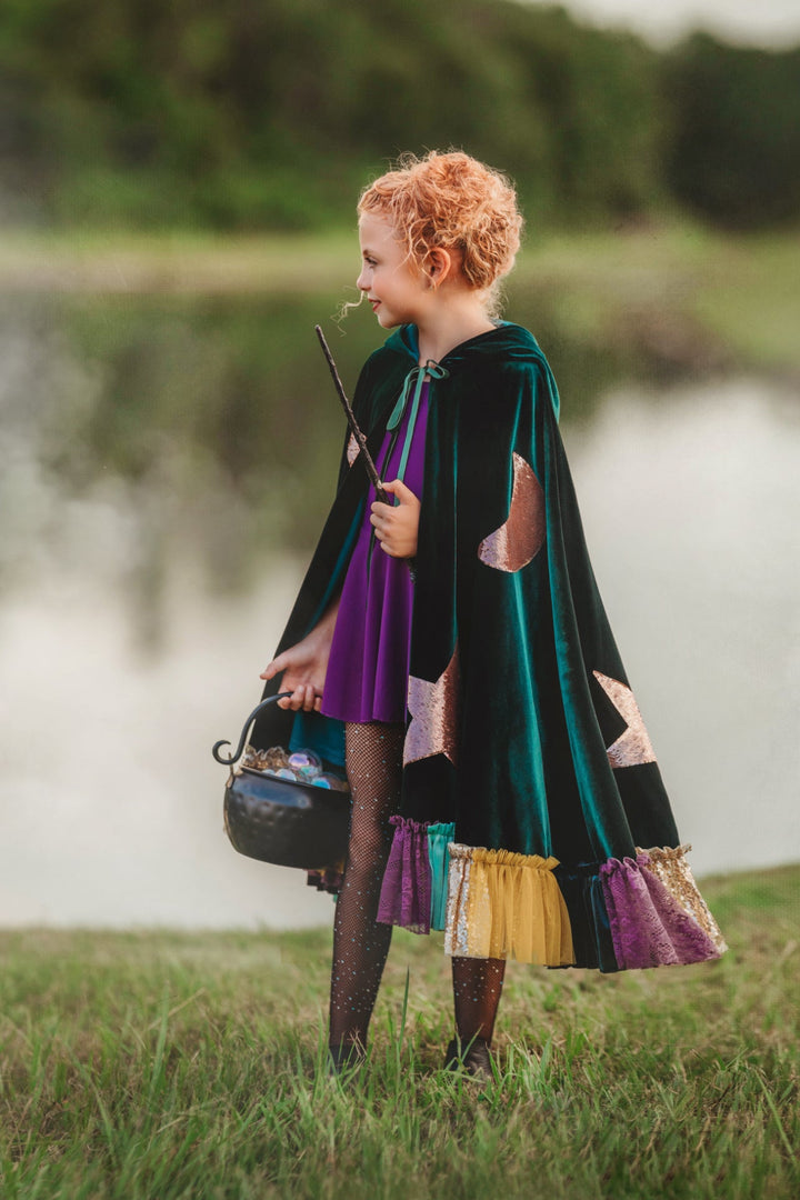 Child front-facing in green winifred sanderson hocus pocus witch halloween costume cape, toddler , kids and adult size.