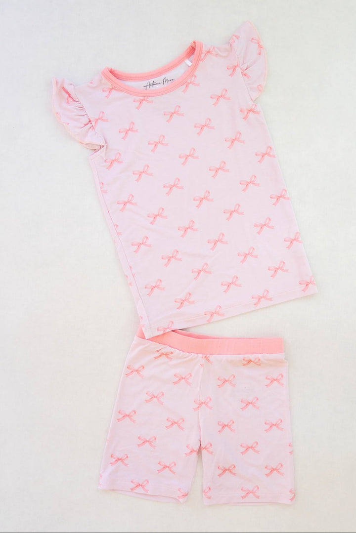 Pink Bows Bamboo Two-Piece Pajama Set – Short Sleeve & Shorts
