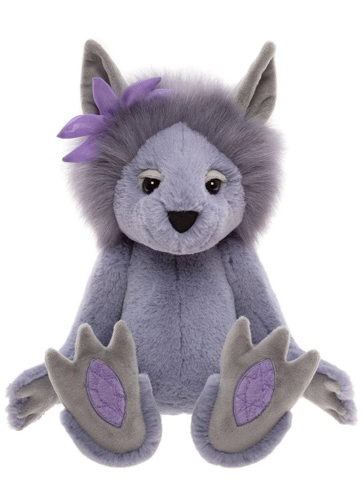 Amethyst Boo Crystal Troll plush by Charlie Bears front view with lavender fur, fluffy mane and amethyst gemstone paw pads