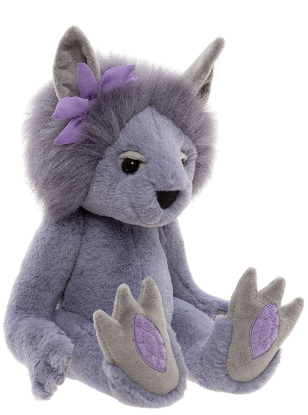 Amethyst Boo Bearhouse by Charlie Bears seated plush troll with pointed ears, purple flower and embroidered gemstone paws