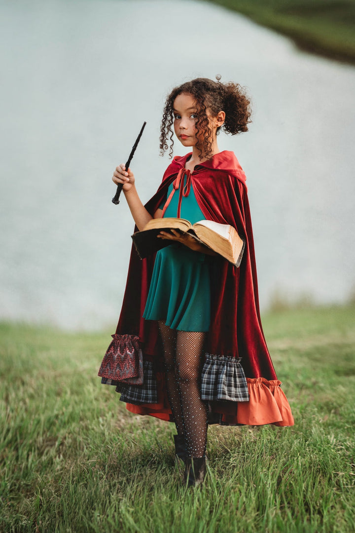 Red witch cape costume with orange ruffle trim – kids Hocus Pocus Mary Sanderson Halloween costume