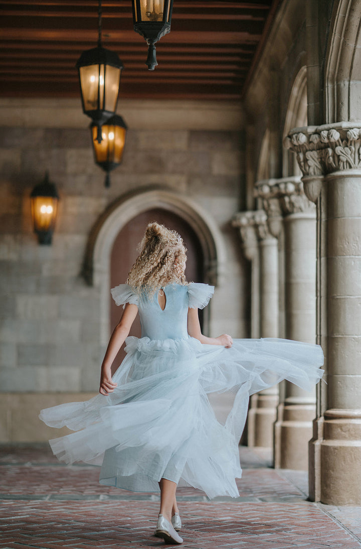 Back view of girl twirling in blue velvet princess dress with flowing tulle skirt