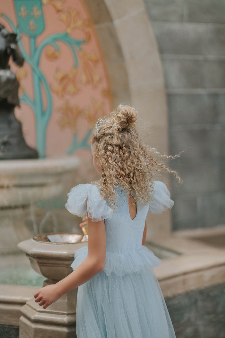 Back view of blue velvet princess dress with keyhole opening and ruffled tulle sleeves