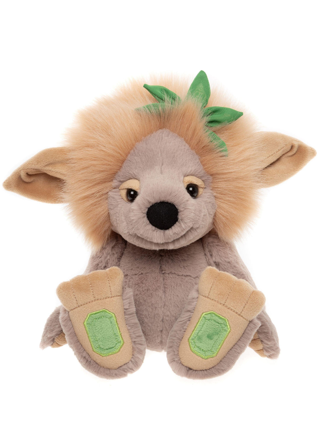 Emerald Lou Crystal Troll plush by Charlie Bears front view with light brown fur, fluffy mane and emerald gemstone paw pads