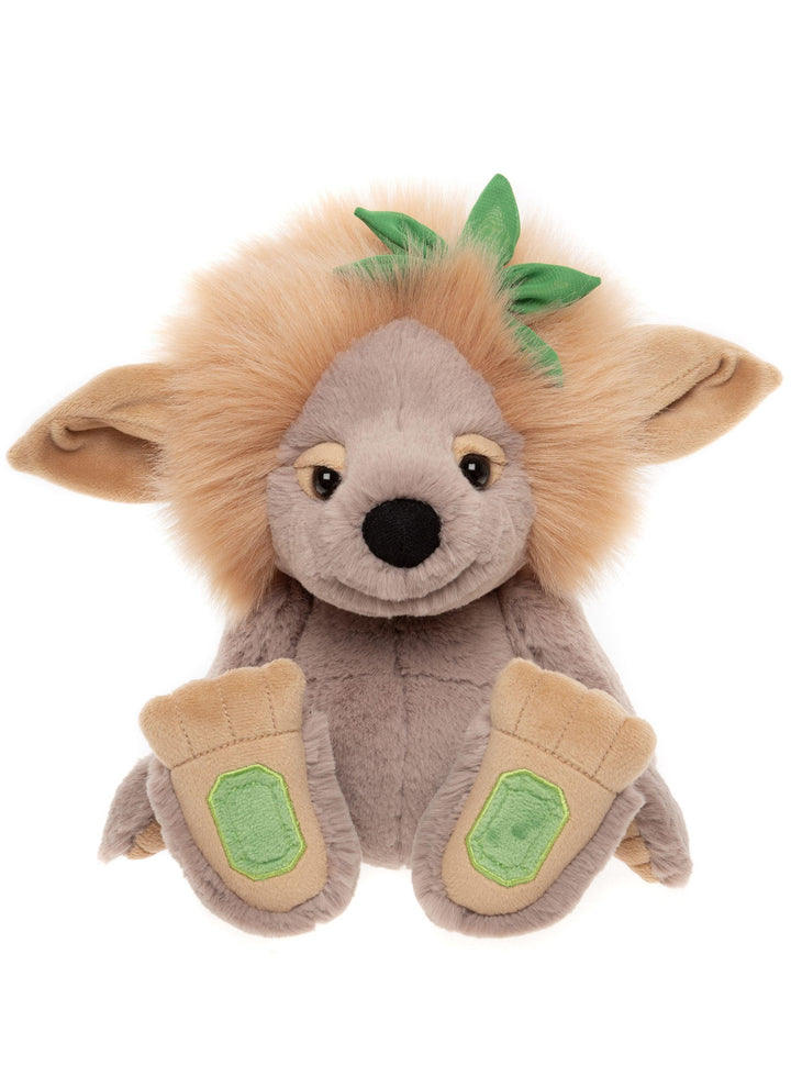 Emerald Lou Crystal Troll plush by Charlie Bears front view with light brown fur, fluffy mane and emerald gemstone paw pads