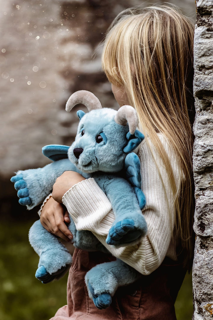 Drawbridge plush gargoyle by Charlie Bears in sky blue with curled horns and soft wings