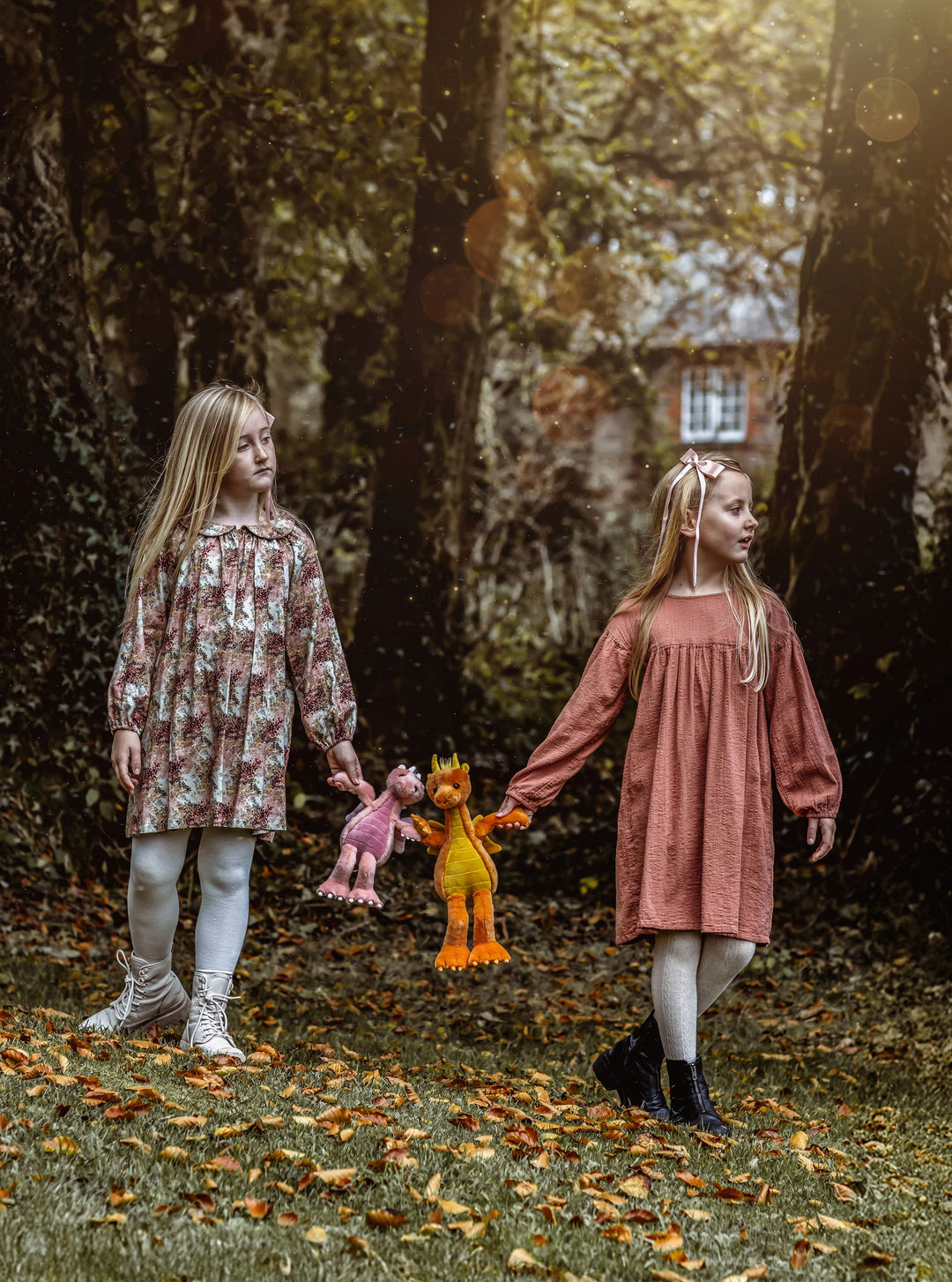 Lifestyle photo (kids walking holding hands)
Charlie Bears Bearhouse Diamonds dragon plush toy lifestyle photo kids walking holding hands outdoors