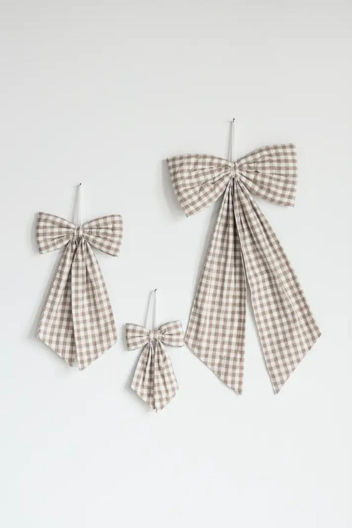 Heirloom beige gingham bow perfect for Christmas trees, mantels, baskets, and nursery decor.