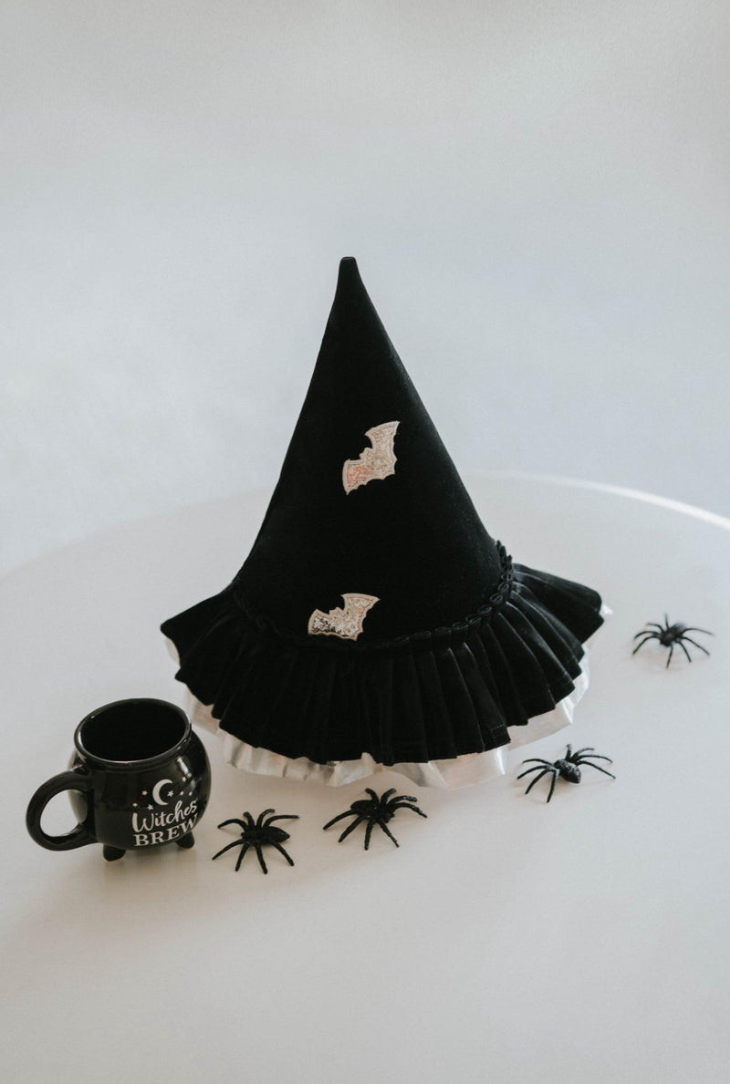 Girls black velvet witch hat with silver trim
