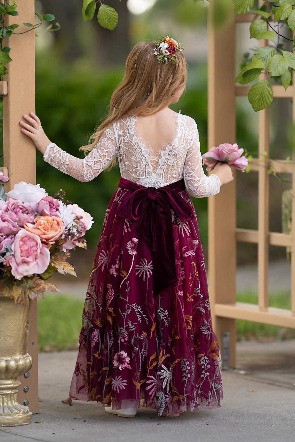 burgundy tulle flower girl dress with lace sleeves