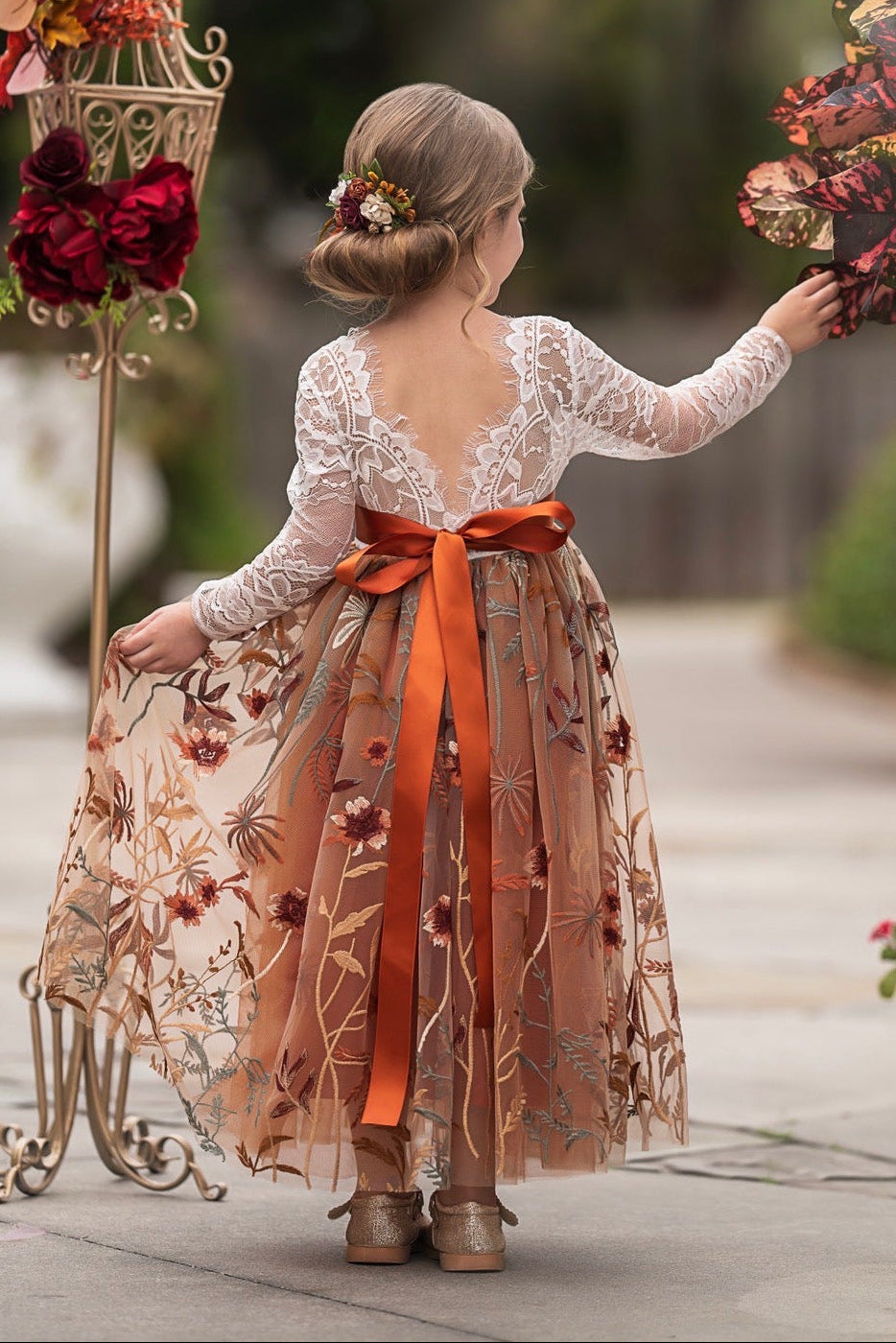 terra cotta embroidered flower girl dress lace bodice