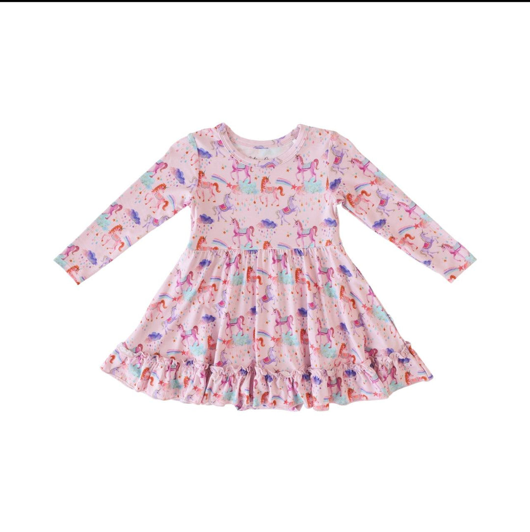 unicorn long sleeve dress Magical Unicorns- Long Sleeve Girl Twirl Dress
