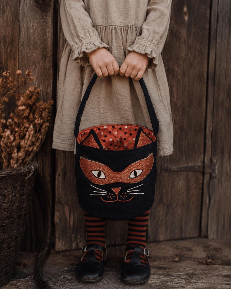 A child wearing a beige dress and striped socks holds a black cat-shaped fabric trick or treat bucket bag with a red polka-dot interior, set against a rustic wooden door background.
