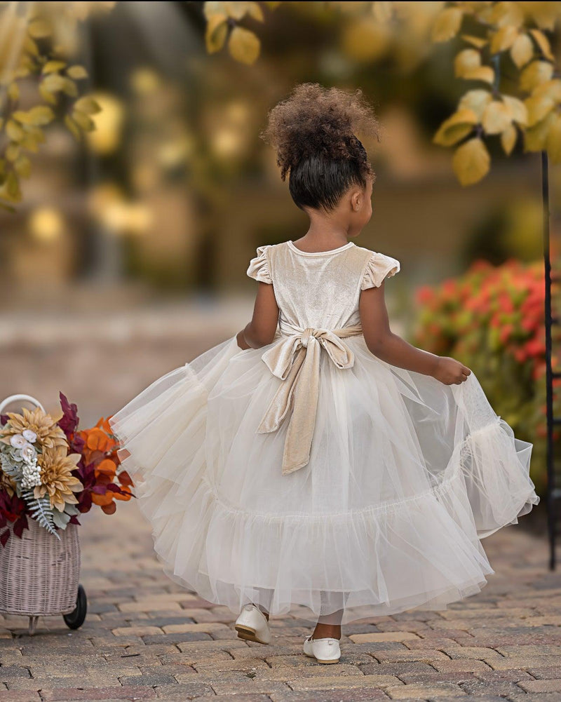 Back view of Marcella champagne velvet flower girl dress showing full bodice, sash, and layered tulle skirt