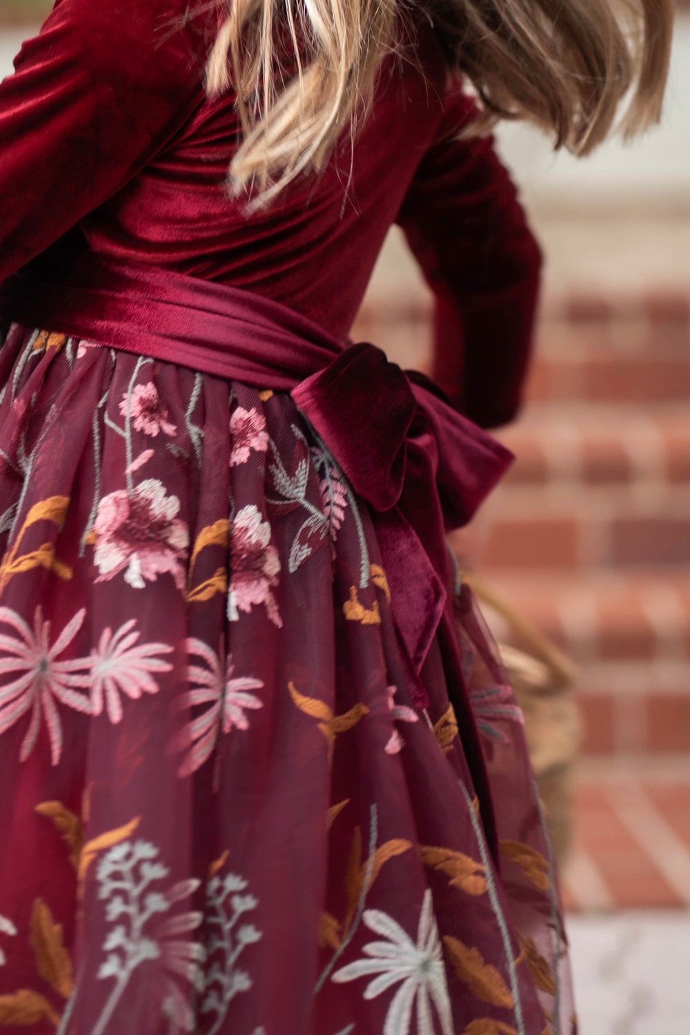 Deep red velvet bodice children’s formal dress with embroidered overlay