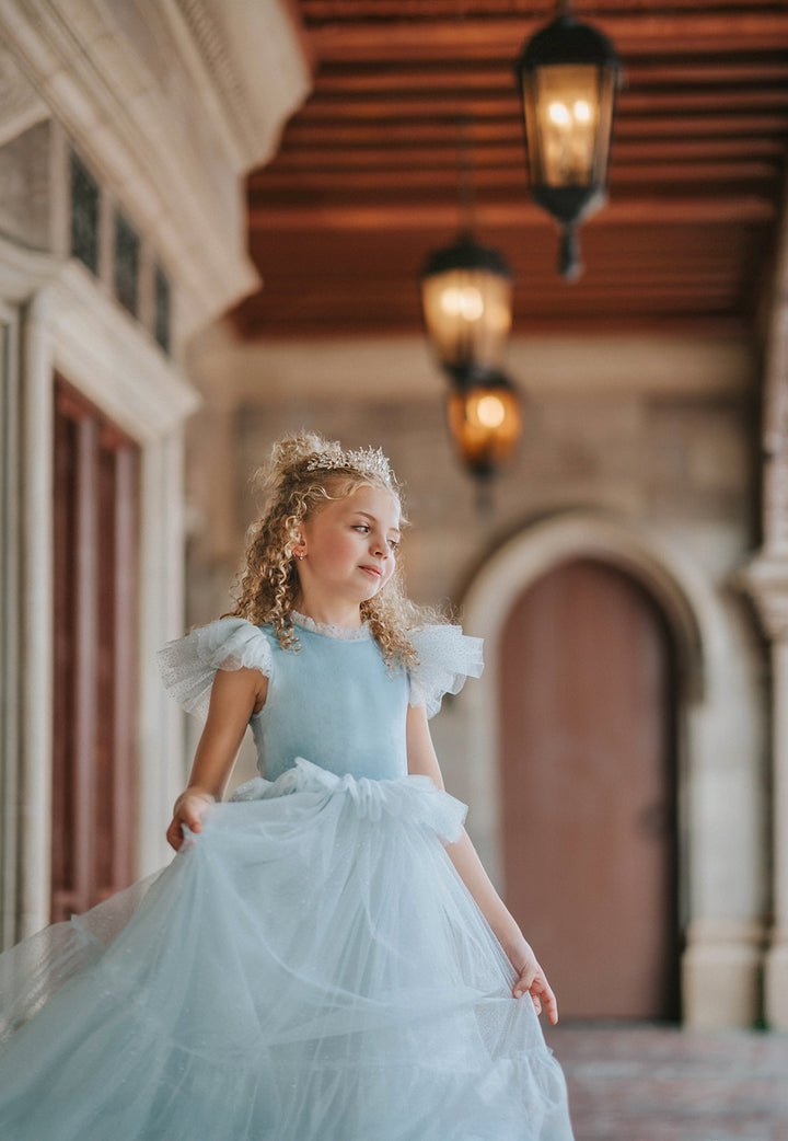 Girl wearing blue velvet and sparkle tulle princess dress in fairytale setting