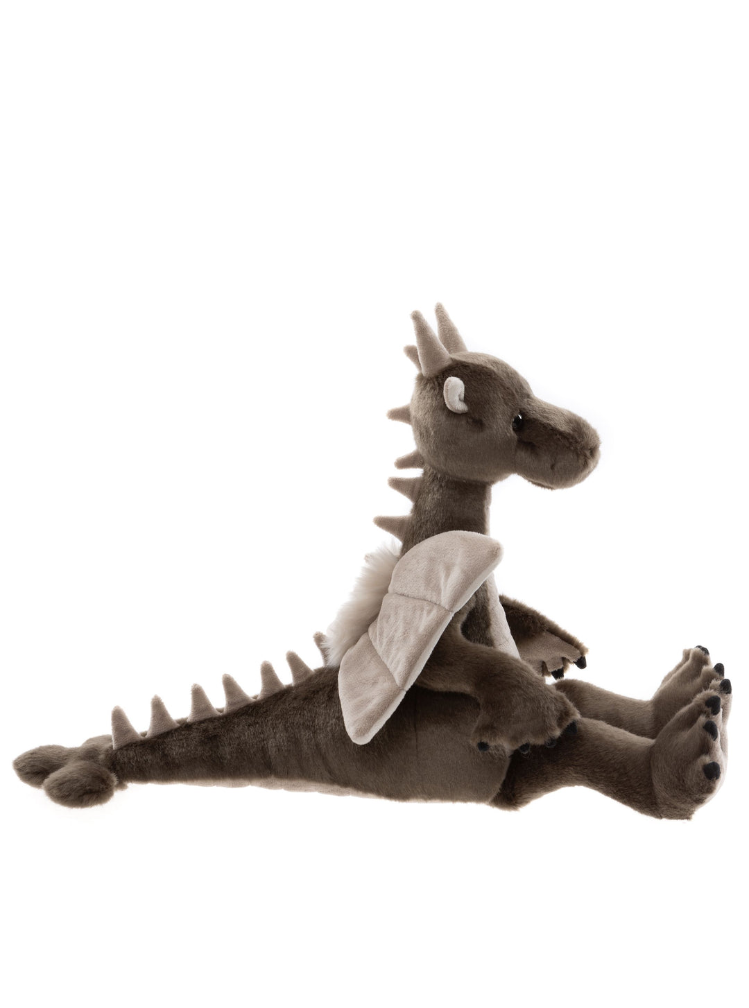 Side view of Clubs dragon plush by Charlie Bears with wings and horn details