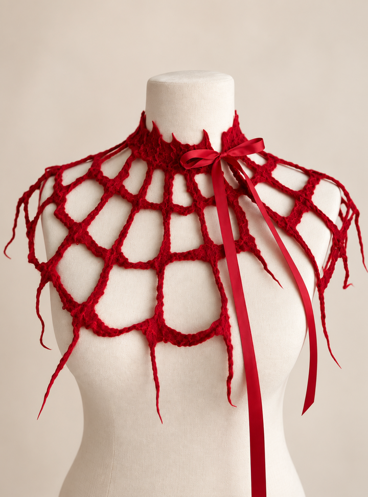 Crimson red spiderweb capelet collar with matching satin ribbon tie