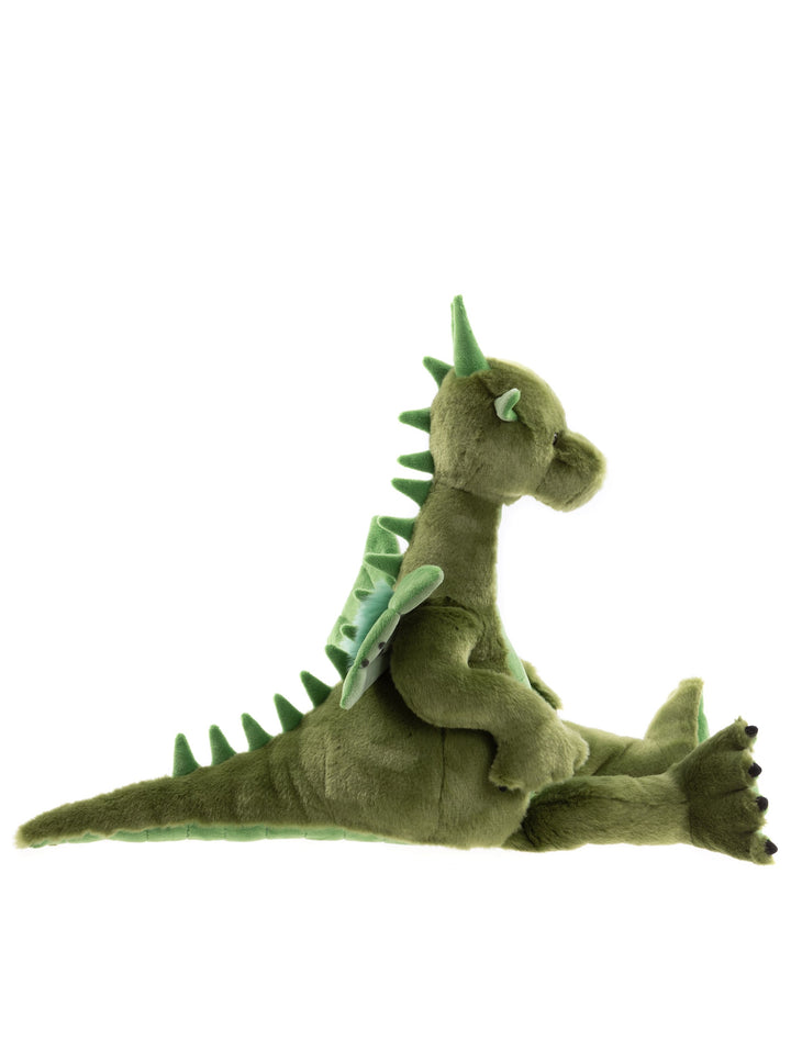 Side profile of Deck the Dragon collectible plush by Charlie Bears, seated green dragon with detailed stitching